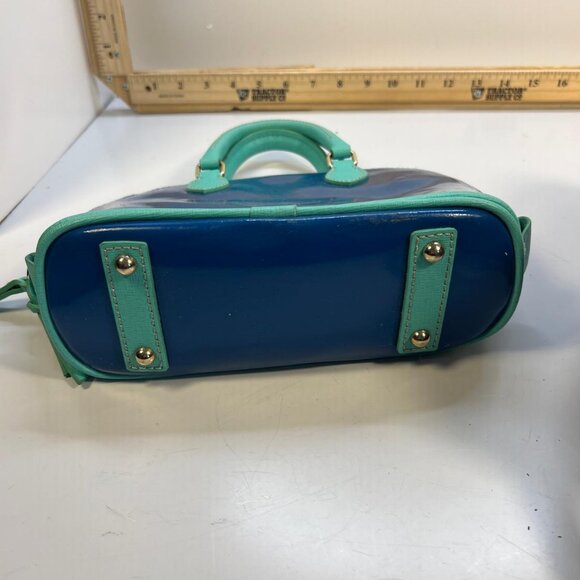 Dooney Bourke Women's Blue Patent Leather Satchel Purse Aqua Trim Small Handbag - Picture 2 of 3